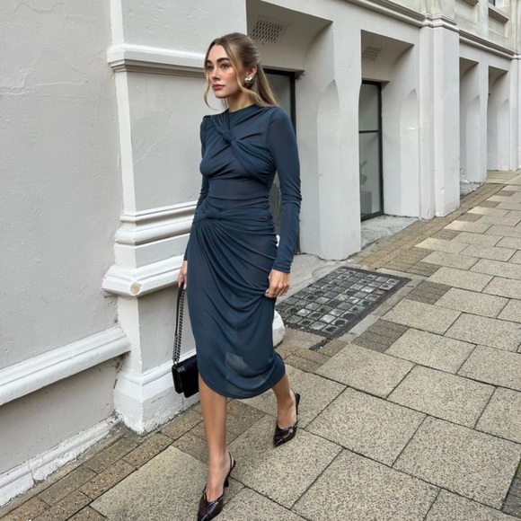 NWT Zara Knotted Asymmetric Metric Dress - Blue Gray Small - Picture 7 of 16